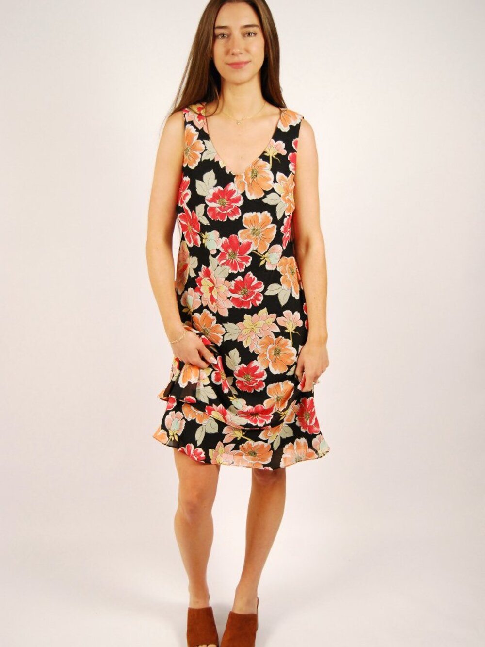 Y2K Floral Midi Dress (L) large black orange vintage ruffle chic tank v-neck